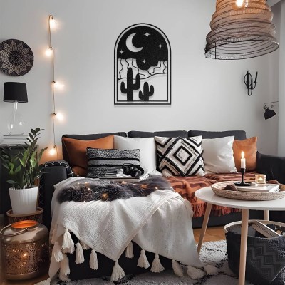 Bohem Çöl Esintisi Kaktüs ve Ay Temalı Metal Duvar Dekoru 