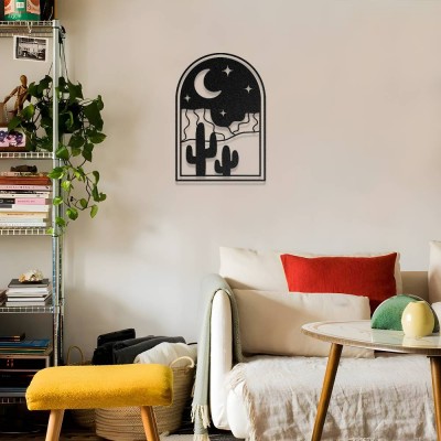 Bohem Çöl Esintisi Kaktüs ve Ay Temalı Metal Duvar Dekoru 