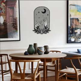 Bohem El ve Ay Metal Duvar Dekoru - Mistik Gece Temalı Tablo