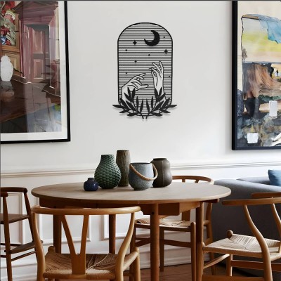 Bohem El ve Ay Metal Duvar Dekoru - Mistik Gece Temalı Tablo