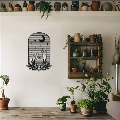 Bohem El ve Ay Metal Duvar Dekoru - Mistik Gece Temalı Tablo