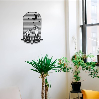 Bohem El ve Ay Metal Duvar Dekoru - Mistik Gece Temalı Tablo