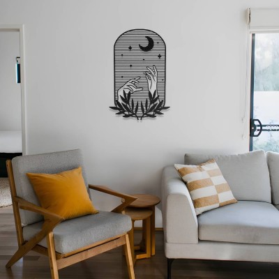 Bohem El ve Ay Metal Duvar Dekoru - Mistik Gece Temalı Tablo