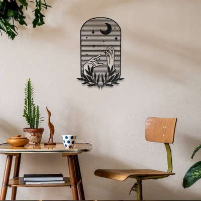 Bohem El ve Ay Metal Duvar Dekoru - Mistik Gece Temalı Tablo