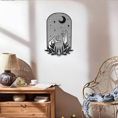 Bohem El ve Ay Metal Duvar Dekoru - Mistik Gece Temalı Tablo