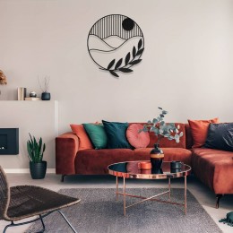 Yuvarlak Formda Minimalist Manzara ve Yaprak Metal Duvar Dekoru