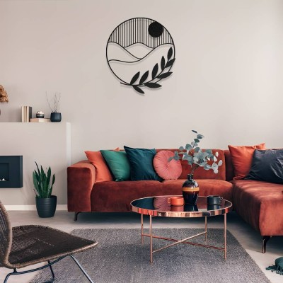 Yuvarlak Formda Minimalist Manzara ve Yaprak Metal Duvar Dekoru