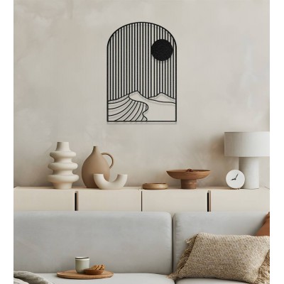Modern Çizgisel Güneş ve Dağ Metal Duvar Dekoru