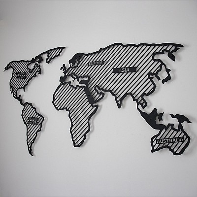 Dünya Haritası Çizgili Kıtalar Yazılı Duvar Oda Ev Aksesuarı Metal Tablo 