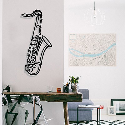 Jazz Music Kontürlü Saksafon Tasarım Metal Tablosu 65x30cm