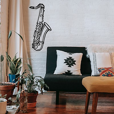 Jazz Music Kontürlü Saksafon Tasarım Metal Tablosu 65x30cm