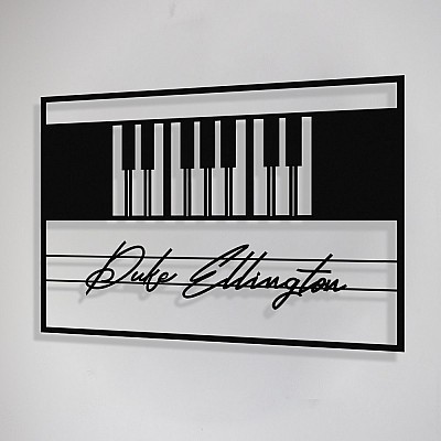 Jazz Müzik Piyano ve Duke Ellington Çerçeveli Tasarım Metal Tablosu 65x47cm