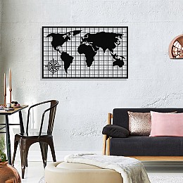 Kareli Dünya Haritası Duvar Dekoru Oda Ev Aksesuarı Metal Tablo 