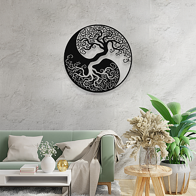 NEW JARGON Siyah ve Beyaz Yin Yang ve Ağaç Figürü Simgesi Metal Dekoratif İç Mekan İçin Metal Tablo 50x50 cm