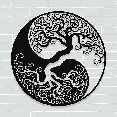 NEW JARGON Siyah ve Beyaz Yin Yang ve Ağaç Figürü Simgesi Metal Dekoratif İç Mekan İçin Metal Tablo 50x50 cm