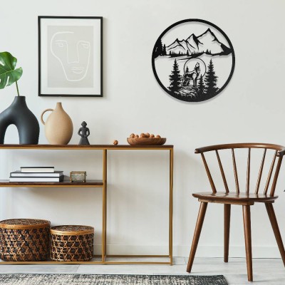 Kurt ve Dağ Manzarası Metal Duvar Tablosu