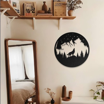 Yıldızlı Gece Kurt Metal Duvar Tablosu