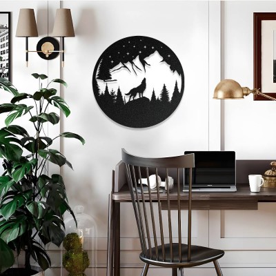 Yıldızlı Gece Kurt Metal Duvar Tablosu