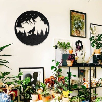 Yıldızlı Gece Kurt Metal Duvar Tablosu