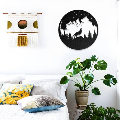 Yıldızlı Gece Kurt Metal Duvar Tablosu