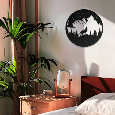 Yıldızlı Gece Kurt Metal Duvar Tablosu