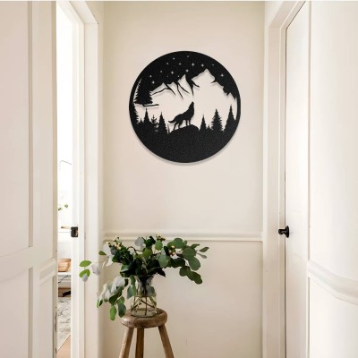 Yıldızlı Gece Kurt Metal Duvar Tablosu