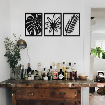 Tropikal Yaprak ve Çiçek Metal Duvar Dekoru – 3 Parça Metal Dekor Seti