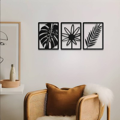 Tropikal Yaprak ve Çiçek Metal Duvar Dekoru – 3 Parça Metal Dekor Seti