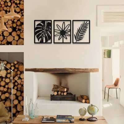 Tropikal Yaprak ve Çiçek Metal Duvar Dekoru – 3 Parça Metal Dekor Seti