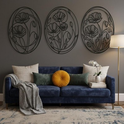 Oval Çiçek Desenli 3’lü Metal Duvar Dekoru Seti