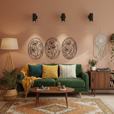 Oval Çiçek Desenli 3’lü Metal Duvar Dekoru Seti