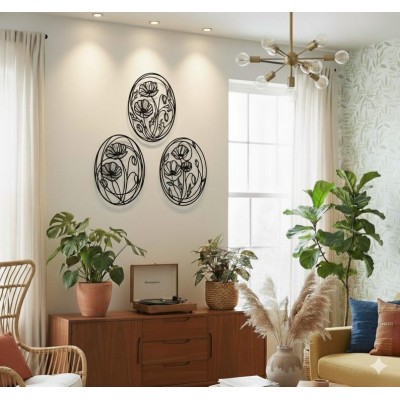 Oval Çiçek Desenli 3’lü Metal Duvar Dekoru Seti