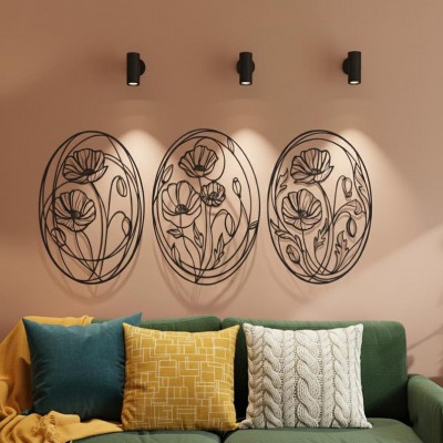 Oval Çiçek Desenli 3’lü Metal Duvar Dekoru Seti