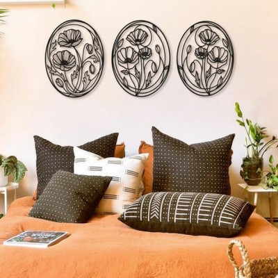 Oval Çiçek Desenli 3’lü Metal Duvar Dekoru Seti