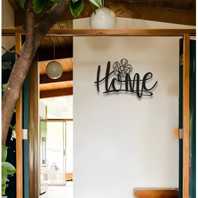"Home"  Metal Duvar Sanatı, Çiçek Desenli Tasarım, Modern Minimalist Ev Dekoru, Siyah Metal Kelime Tabelası, Rustik Çiftlik Evi Duvar Sanatı, Ev Sahipleri İçin Hediye