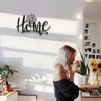 "Home"  Metal Duvar Sanatı, Çiçek Desenli Tasarım, Modern Minimalist Ev Dekoru, Siyah Metal Kelime Tabelası, Rustik Çiftlik Evi Duvar Sanatı, Ev Sahipleri İçin Hediye