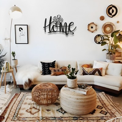 "Home"  Metal Duvar Sanatı, Çiçek Desenli Tasarım, Modern Minimalist Ev Dekoru, Siyah Metal Kelime Tabelası, Rustik Çiftlik Evi Duvar Sanatı, Ev Sahipleri İçin Hediye