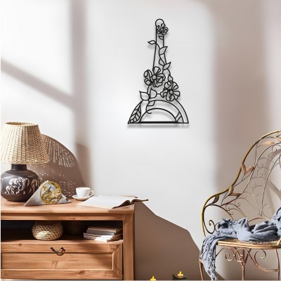 Çiçek Desenli Eyfel Kulesi Metal Duvar Dekoru – Paris Esintili Modern Siyah Metal Duvar Heykeli, Romantik Ev Dekorasyonu İçin Hediye