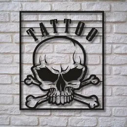 Kafatası ve Dövme Temalı Metal Duvar Dekoru – Dövme Duvar Sanatı, Dövme Sanatçısına Hediye, Stüdyo Dekoru, Dövme Dükkanı Tabelası