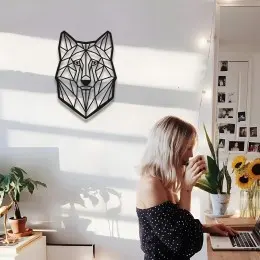 Geometrik Kurt Duvar Sanatı, Siyah Metal Tel Duvar Panosu, Oturma Odası veya Ofis İçin Modern Hayvan Dekoru, Minimalist Kurt Heykeli, Eşsiz Hediye