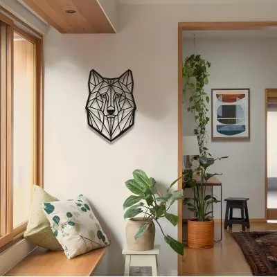 Geometrik Kurt Duvar Sanatı, Siyah Metal Tel Duvar Panosu, Oturma Odası veya Ofis İçin Modern Hayvan Dekoru, Minimalist Kurt Heykeli, Eşsiz Hediye