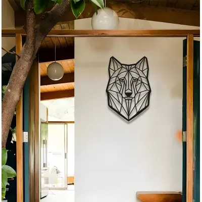Geometrik Kurt Duvar Sanatı, Siyah Metal Tel Duvar Panosu, Oturma Odası veya Ofis İçin Modern Hayvan Dekoru, Minimalist Kurt Heykeli, Eşsiz Hediye