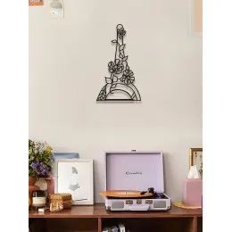 Çiçek Desenli Eyfel Kulesi Metal Duvar Dekoru – Paris Esintili Modern Siyah Metal Duvar Heykeli, Romantik Ev Dekorasyonu İçin Hediye