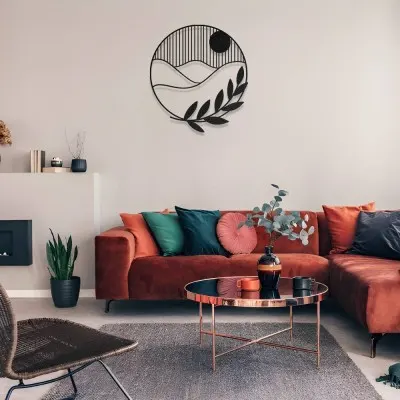 Yuvarlak Formda Minimalist Manzara ve Yaprak Metal Duvar Dekoru Yuvarlak Formda Minimalist Manzara ve Yaprak Metal Duvar Dekoru