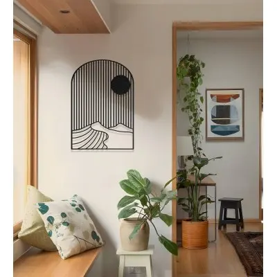 Modern Çizgisel Güneş ve Dağ Metal Duvar Dekoru
