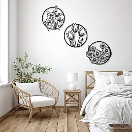 3'lü Çiçek Duvar Seti - Dekoratif Metal Tablo, Şık Duvar ve Oda Aksesuarı