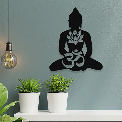 NEW JARGON Om Sembolü ve Buda Silüeti Duvar Oda Aksesuarı Metal Dekoratif İç Mekan İçin Metal Tablo 50x50 cm
