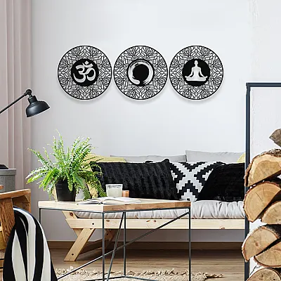 NEW JARGON Ohm, Enso Çemberi ve Meditasyon Yapan Kadın Üçlü Metal Set Duvar Dekoru İç Mekan İçin Metal Tablo 