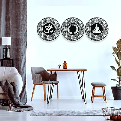 NEW JARGON Ohm, Enso Çemberi ve Meditasyon Yapan Kadın Üçlü Metal Set Duvar Dekoru İç Mekan İçin Metal Tablo 