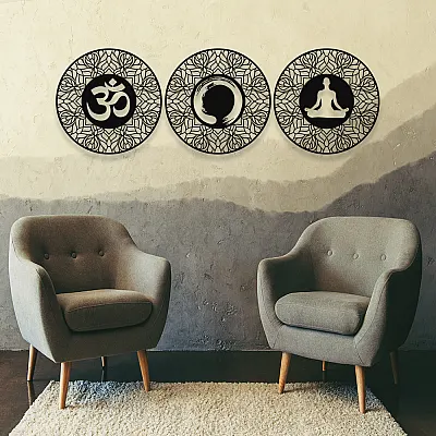NEW JARGON Ohm, Enso Çemberi ve Meditasyon Yapan Kadın Üçlü Metal Set Duvar Dekoru İç Mekan İçin Metal Tablo 